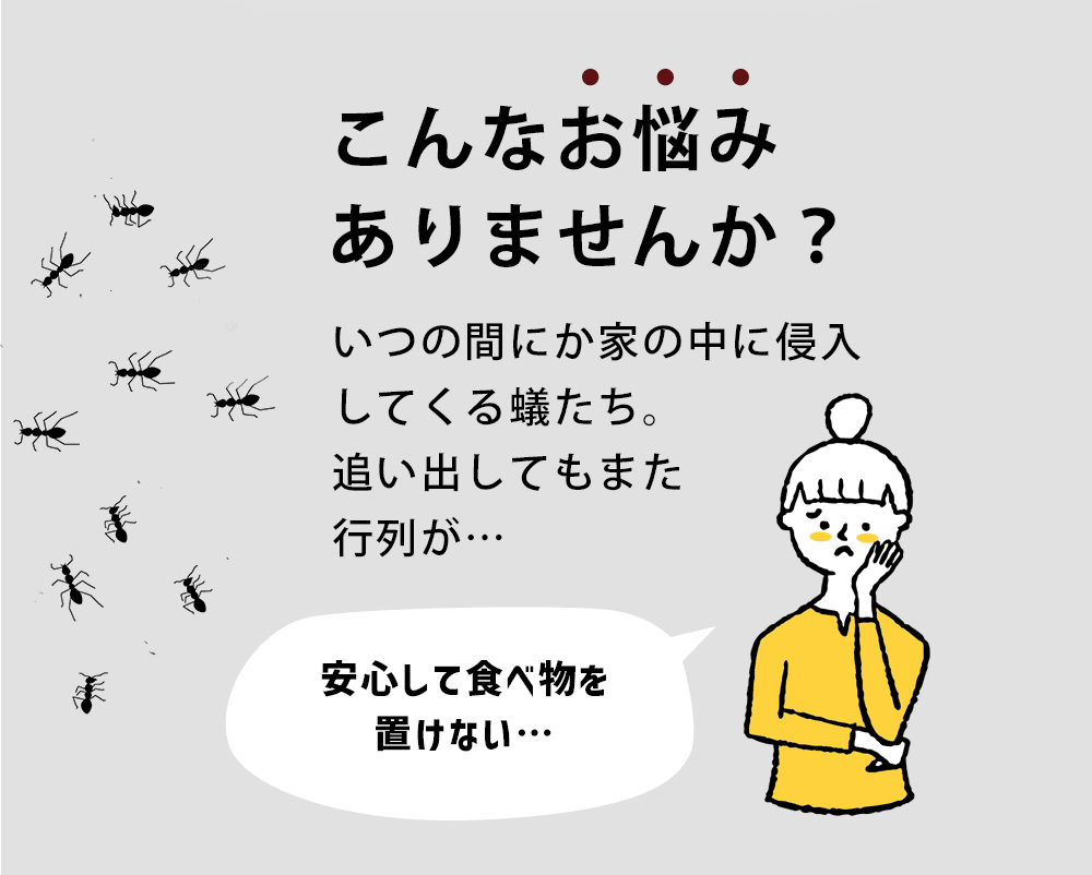 こんなお悩みありませんか？「いつの間にか家の中に侵入してくる蟻たち。追い出してもまた行列が…」