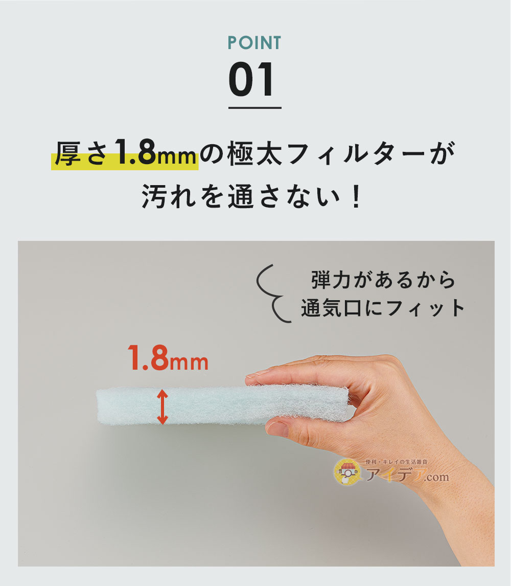 厚さ1.8mmの極太フィルターが汚れを通さない!
