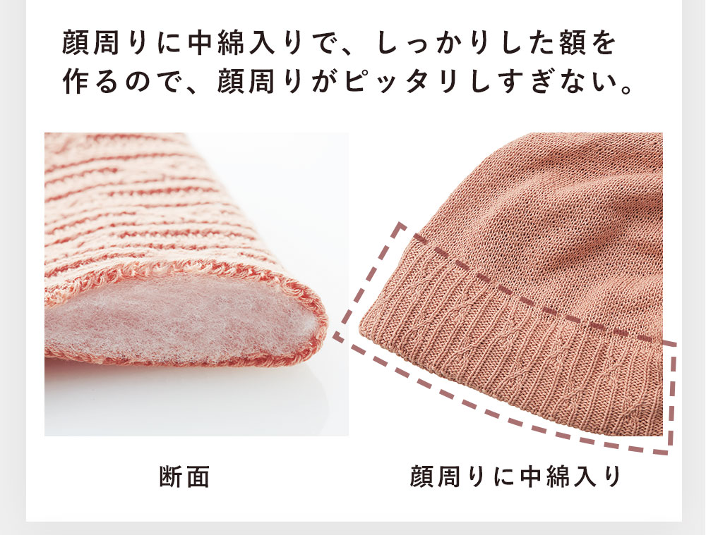顔周りに中綿入りで、しっかりした額を作るので、顔周りがピッタリしすぎない。