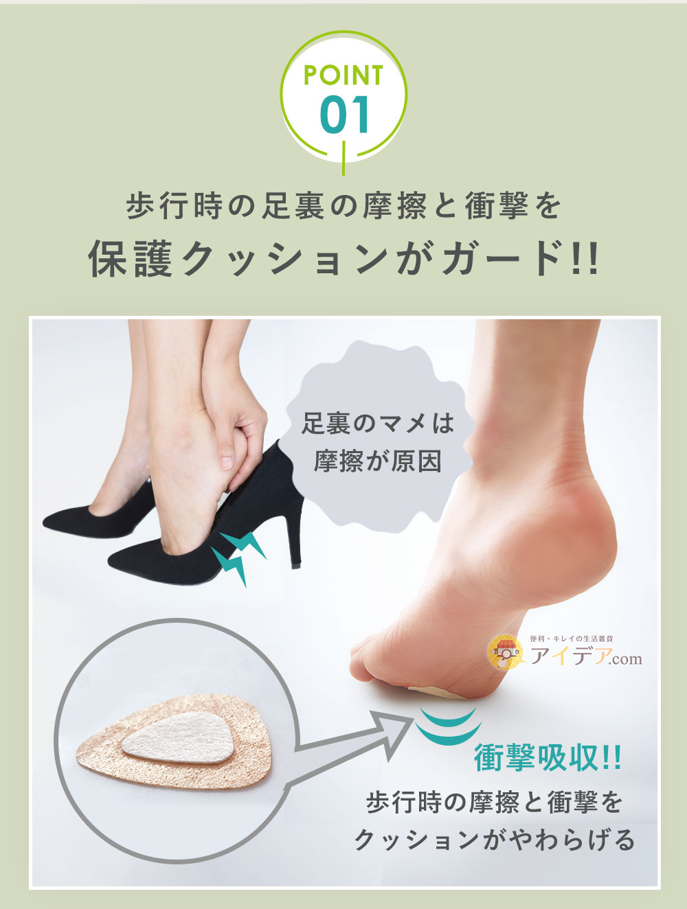 歩行時の足裏の摩擦と衝撃を保護クッションがガード!!