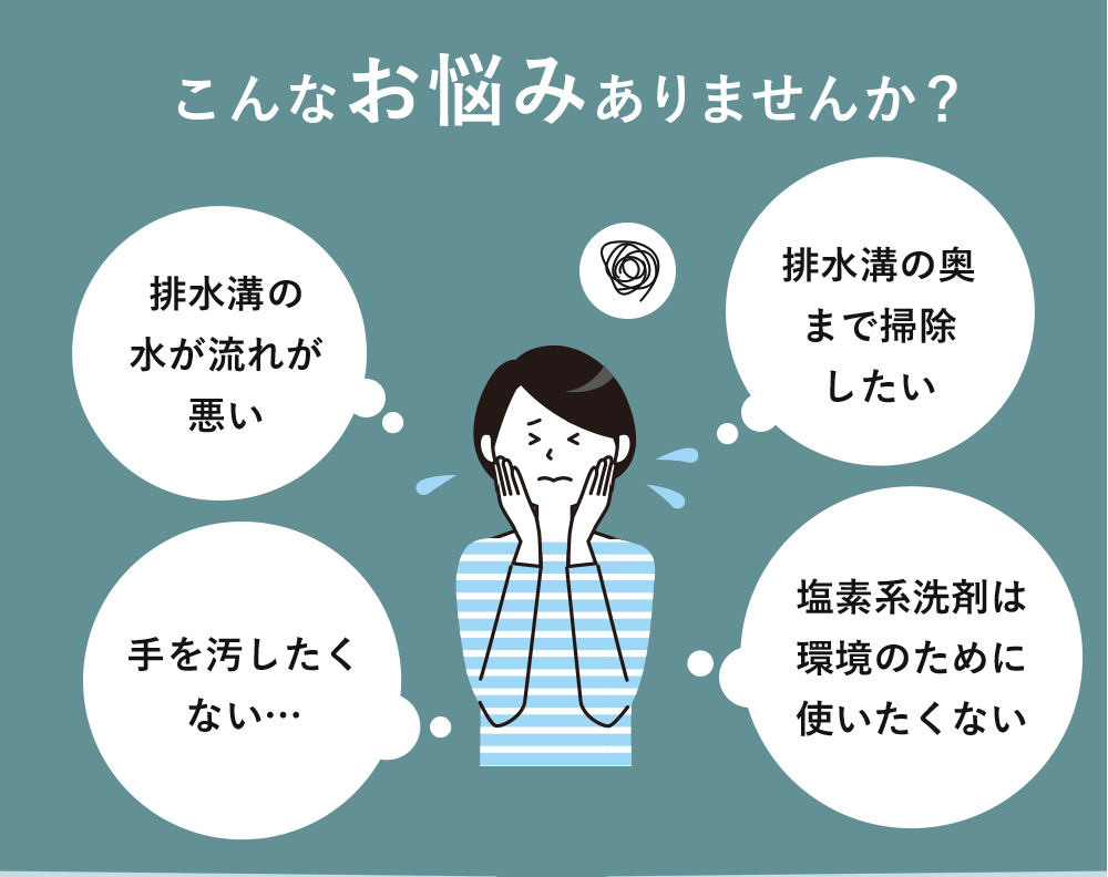 こんなお悩みありませんか?「排水溝の水が流れが悪い」「排水溝の奥まで掃除したい」「手を汚したくない…」「塩素系洗剤は環境のために使いたくない」