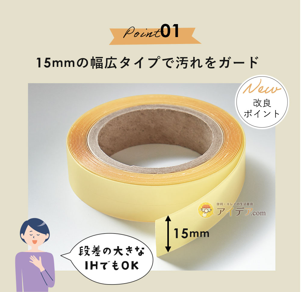 15mmの幅広タイプで汚れをガード