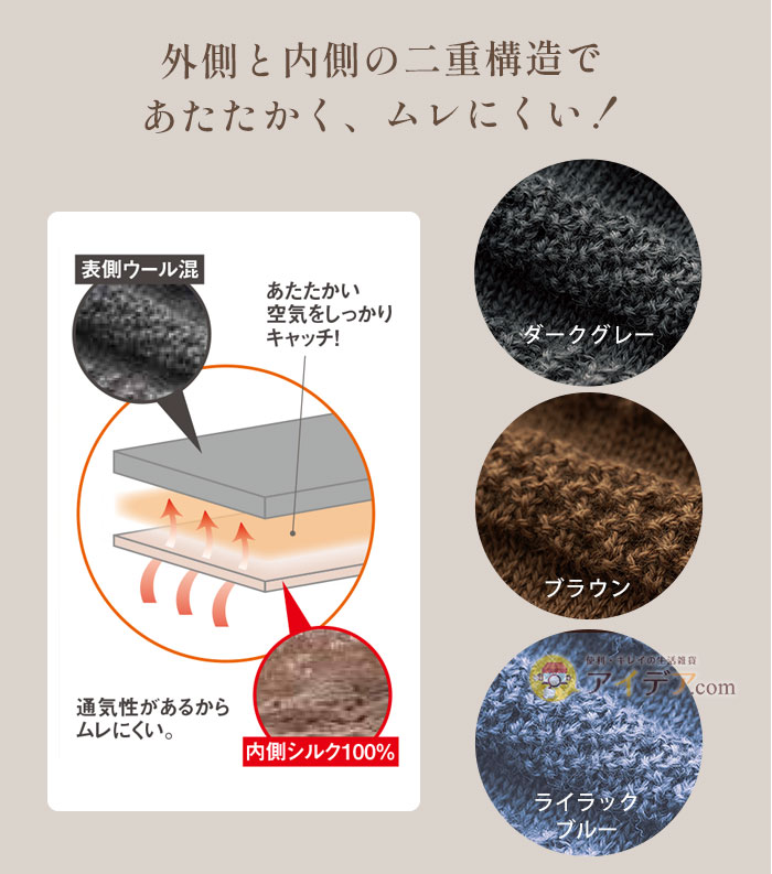 外側と内側の二重構造であたたかく、ムレにくい!