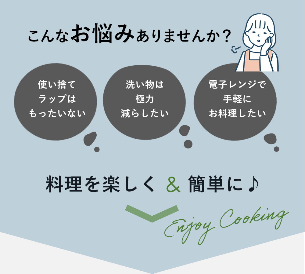 こんなお悩みありませんか？「使い捨てラップはもったいない」「洗い物は極力減らしたい」「電子レンジで手軽にお料理したい」
