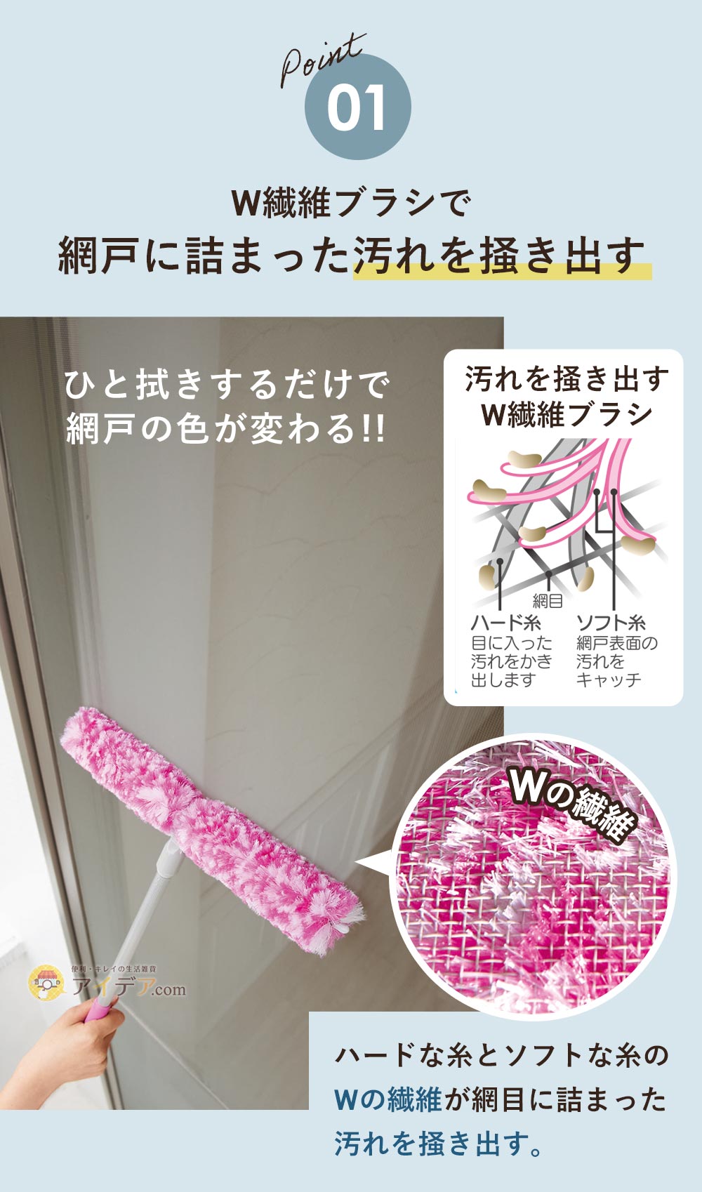 W繊維ブラシで網戸に詰まった汚れを掻き出す