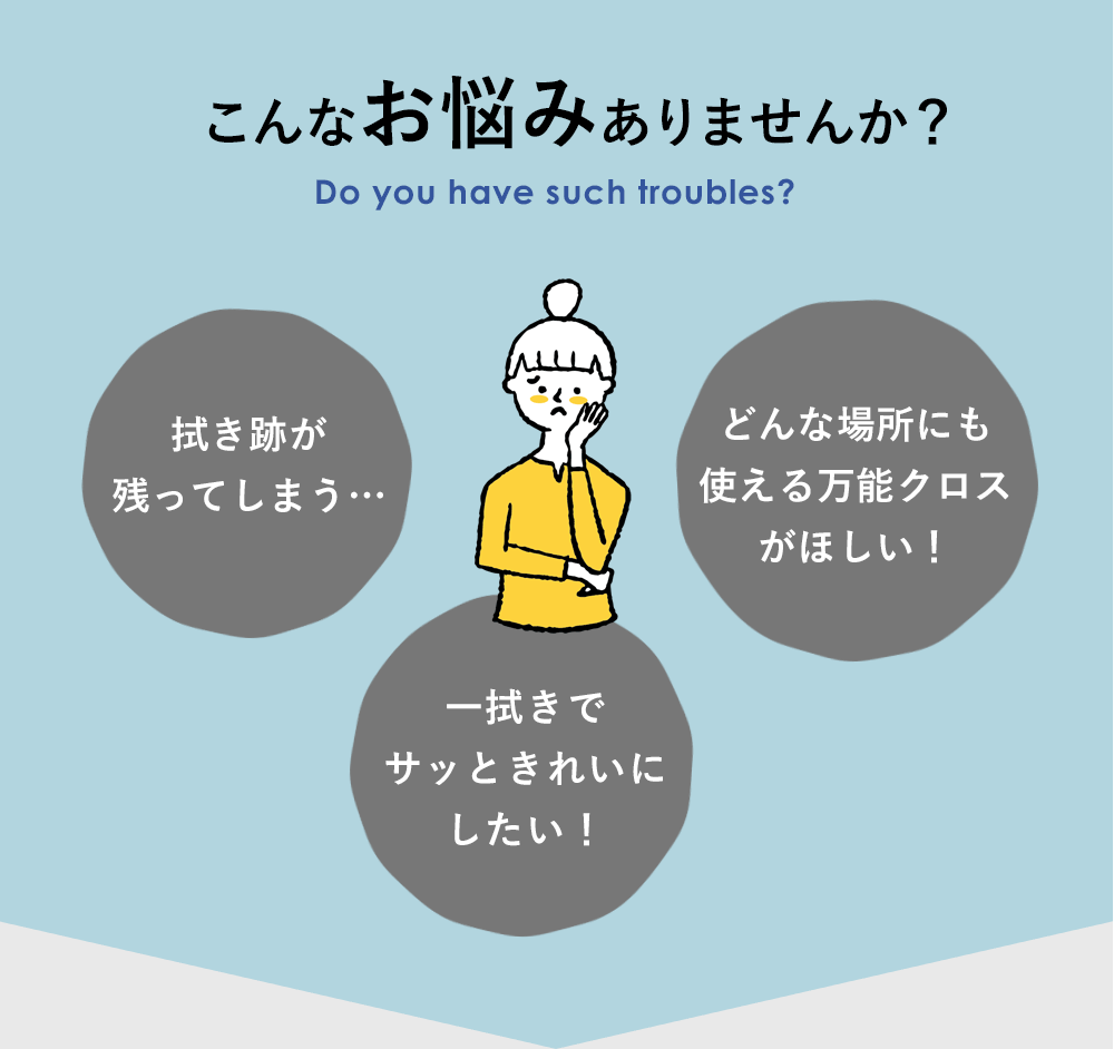 そこんなお悩みありませんか?「拭き跡が残ってしまう…」「一拭きでサッときれいにしたい!」「どんな場所にも使える万能クロスがほしい!」