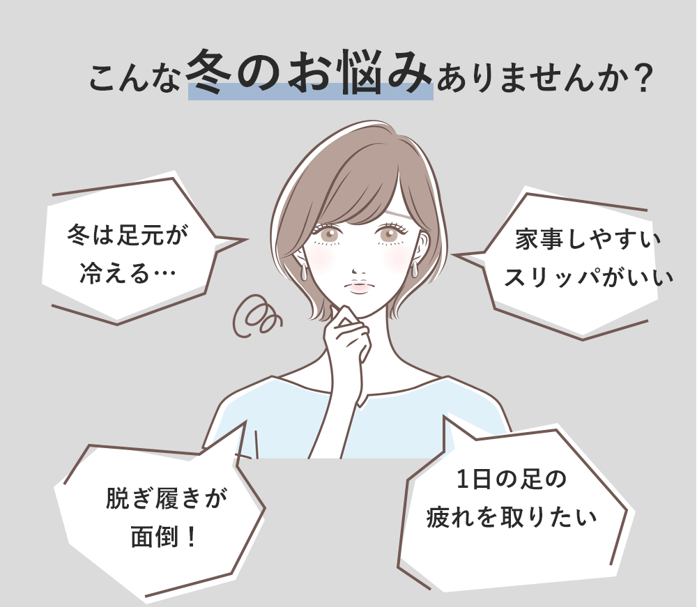 こんな冬のお悩みありませんか?「冬は足元が冷える…」「脱ぎ履きが面倒!」「家事しやすいスリッパがいい」「1日の足の疲れを取りたい」
