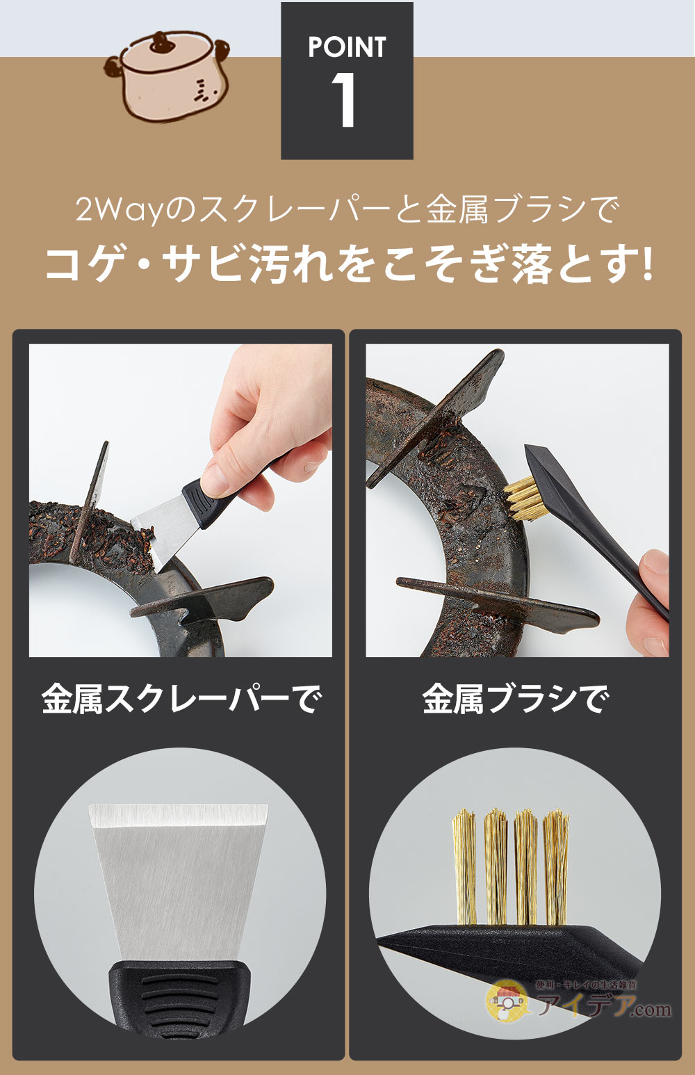 2Wayのスクレーパーと金属ブラシでコゲ・サビ汚れをこそぎ落とす!