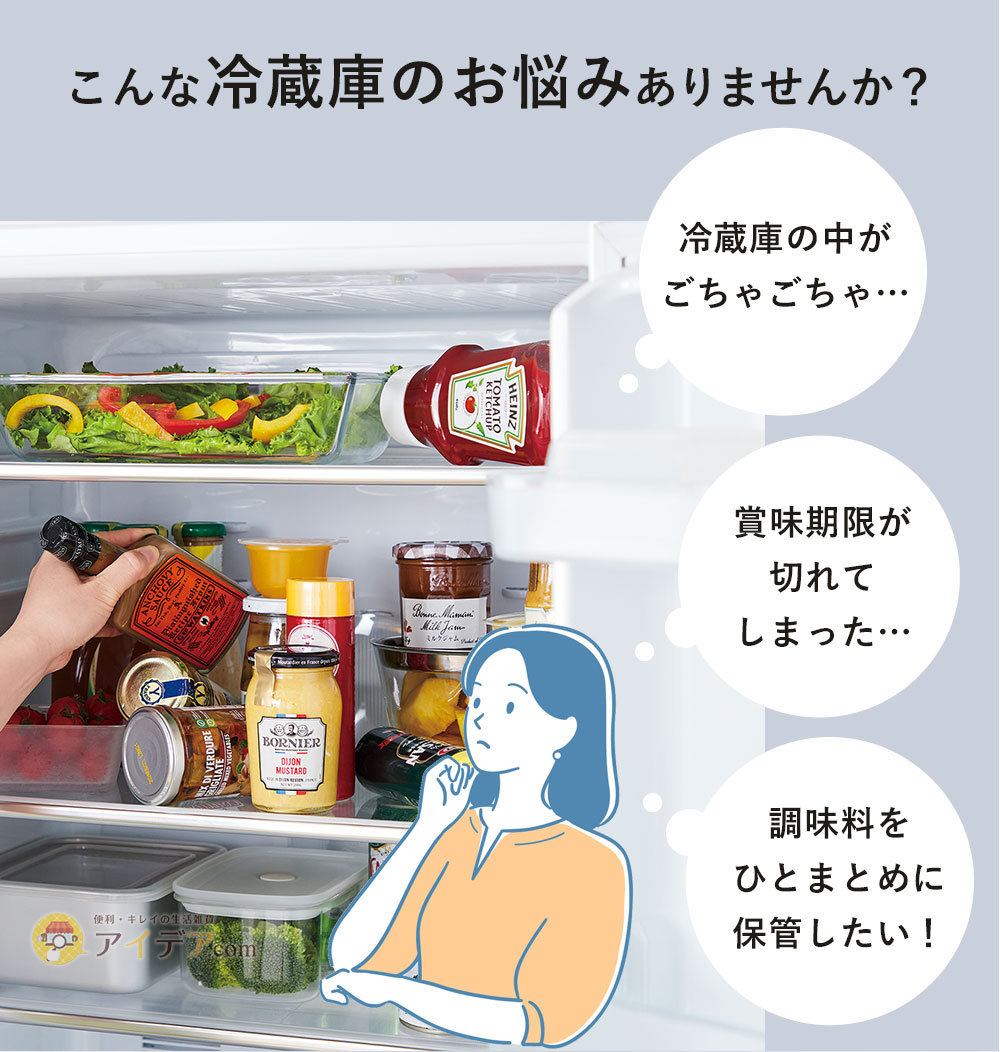 こんなお悩みありませんか?「冷蔵庫の中がごちゃごちゃ…」「賞味期限が切れてしまった…」「調味料をひとまとめに保管したい!」