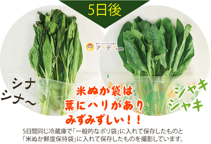 米ぬかの力鮮度保持袋:鮮度保持の威力