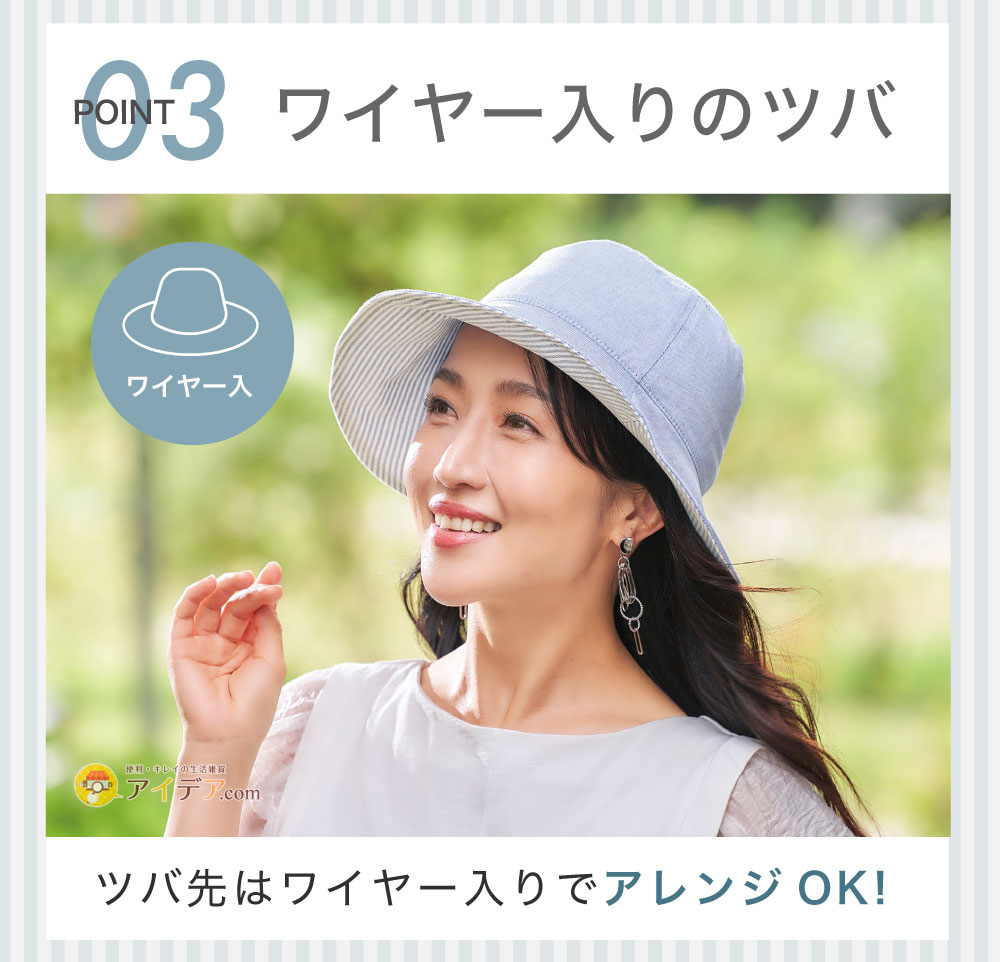 布工房播州織ツバ広UVハット:ワイヤー入りのツバ
