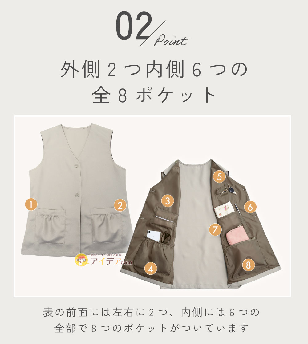 8ポケット手ぶら着やせベスト:前面2つ内側6つの全8ポケット