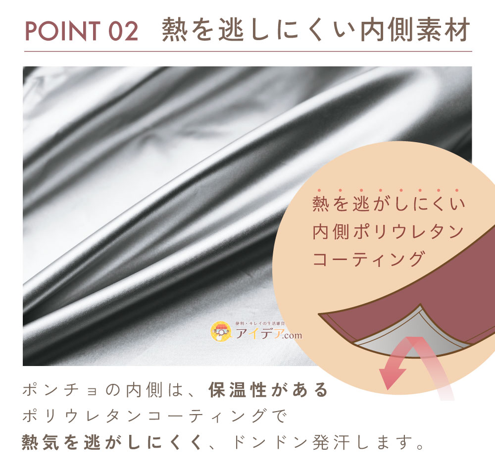 マイホームサウナ 集中発汗ポンチョ for body:熱を逃しにくい内側素材