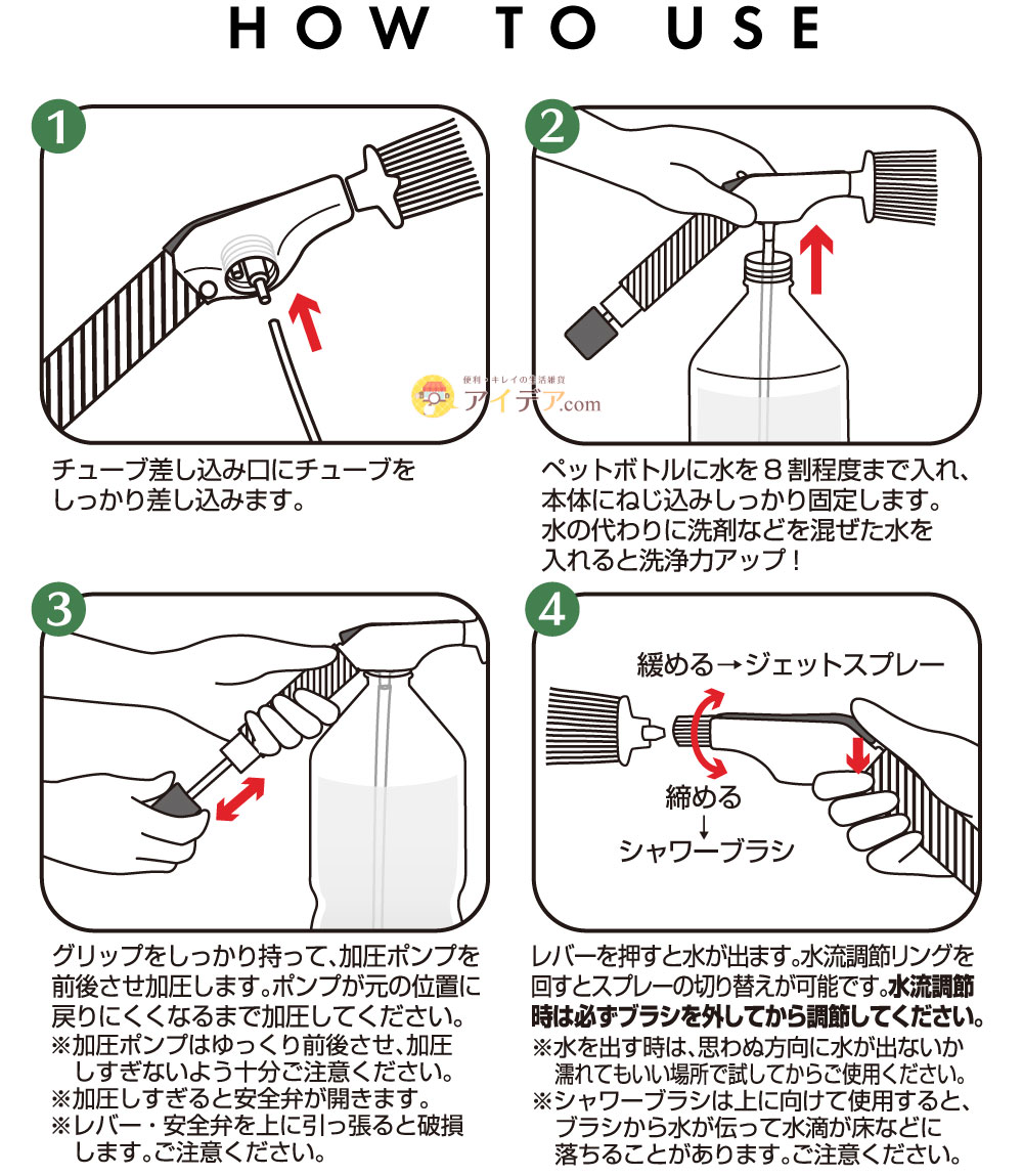 汚れスッキリ!ジェット水圧ブラシ:ご使用方法