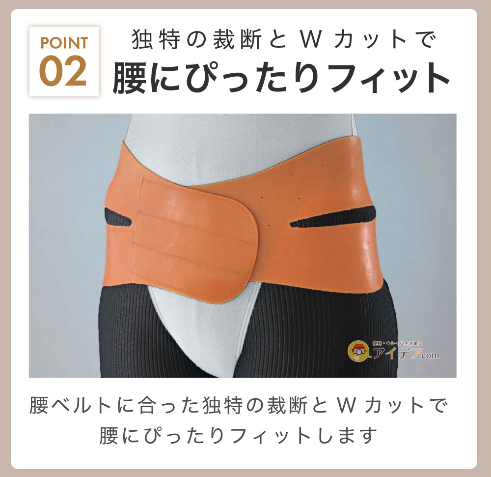 W生ゴム骨盤ベルト:独特の裁断とWカットで腰にぴったりフィット