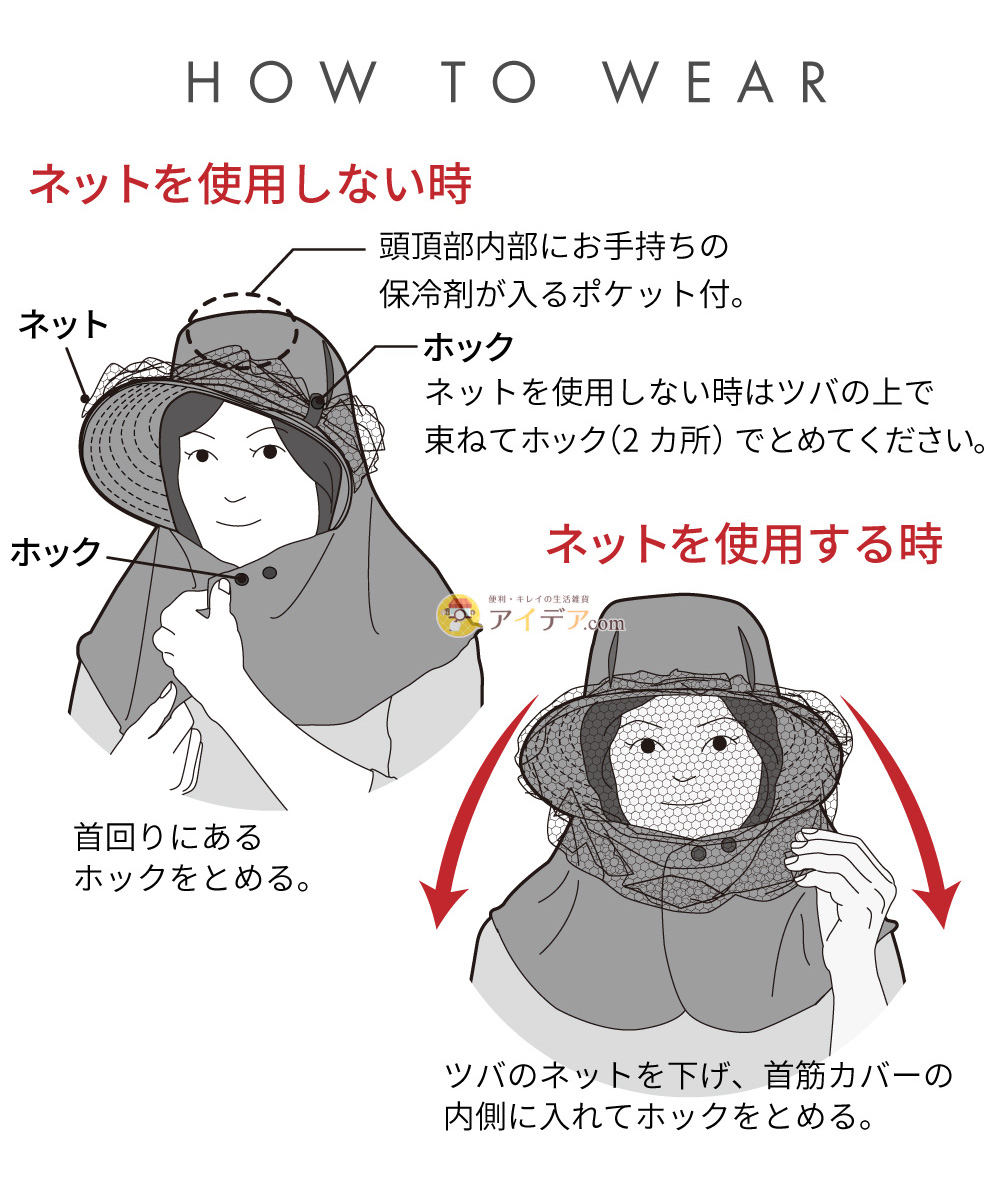 涼やか虫除けガーデニングUV帽子:着用方法