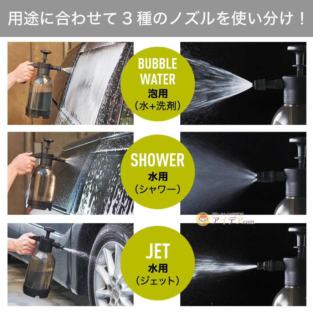 CARFITY バブルジェット洗車スプレー:用途に合わせて3種のノズルを使い分け!
